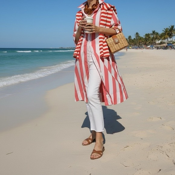 Atlantic Pacific x Lake MARNIE Caftan Shirt Dress Size XXS Red Granita Stripe | Poshmark