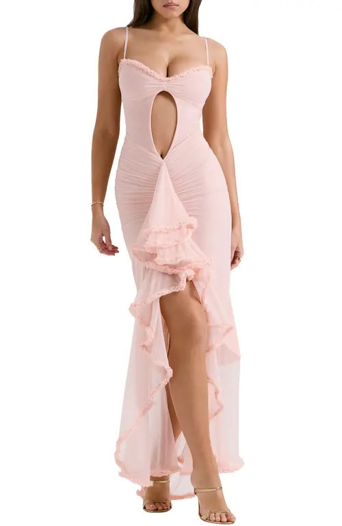 HOUSE OF CB Gabriella Keyhole & Ruffle Mesh Body-Con Gown in Soft Peach at Nordstrom, Size X-Large | Nordstrom