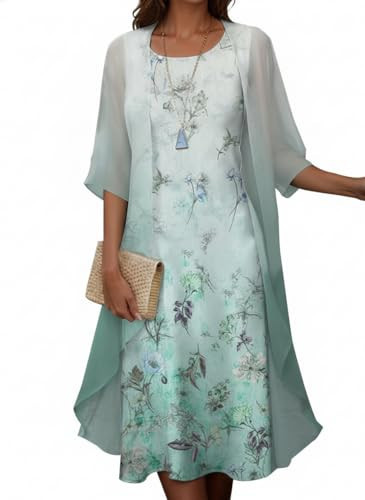 Wedding Guest Dresses for Women Floral Chiffon Midi Dress with Sheer Cardigan Summer Casual A Line Aqua Botanical Print | Amazon (US)
