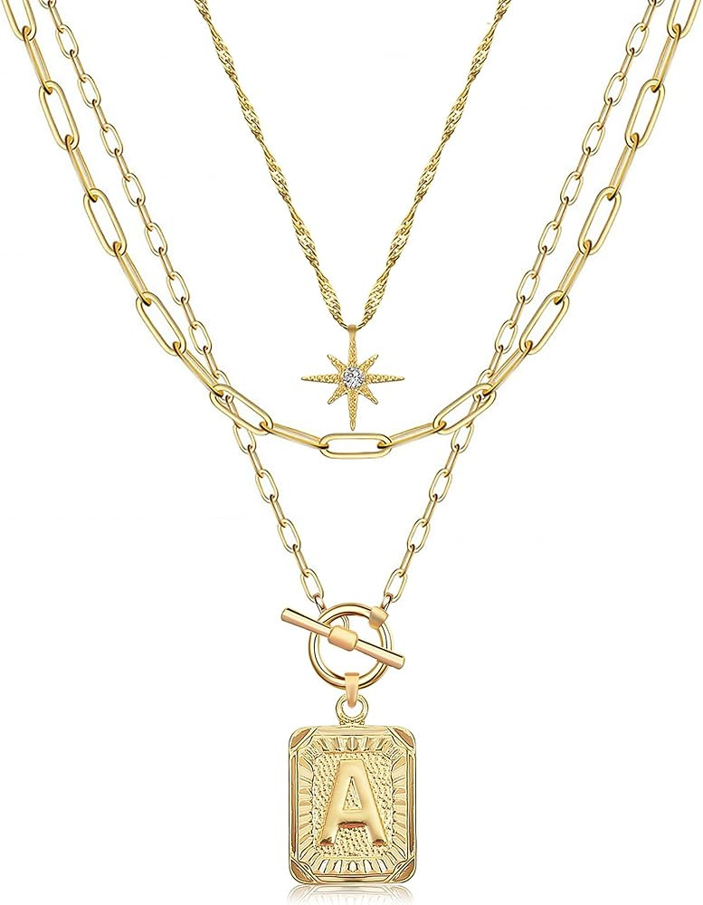 MJartoria Layered Initial Necklaces for Women Trendy, 14K Gold Plated Brass Simple Star Choker Sq... | Amazon (US)