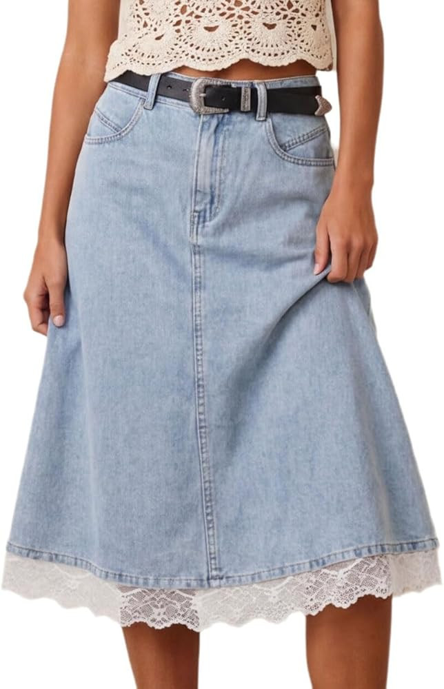 utcoco Womens Lace Trim Denim Midi Skirt High Waisted A Line Casual Flowy Jean Skirt with Pockets | Amazon (US)