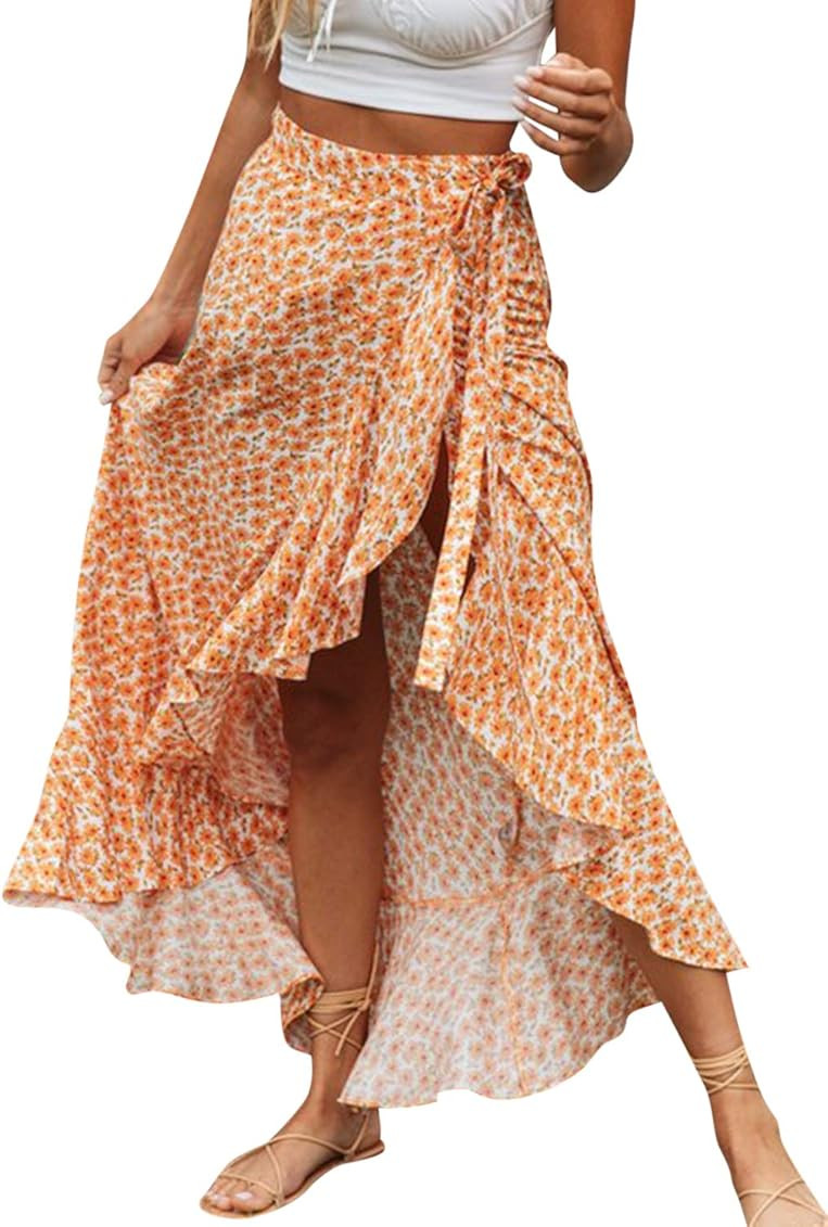 BerryGo Women's Boho Floral Wrap Maxi Skirt High Waisted Long Skirt with Slit | Amazon (US)