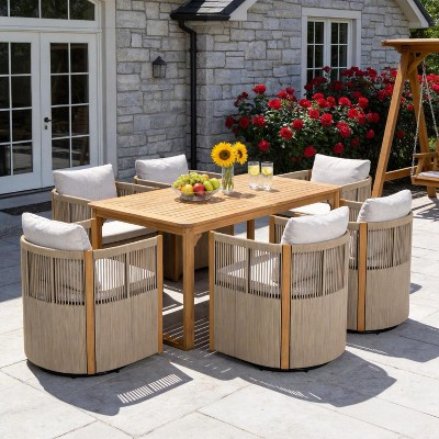 ModernLuxe 7-Piece Outdoor Dining Set, Acacia Wood Dining Table with Curved Legs + Swivel Rope Chairs For Patio, Deck, Garden, Beige | Target