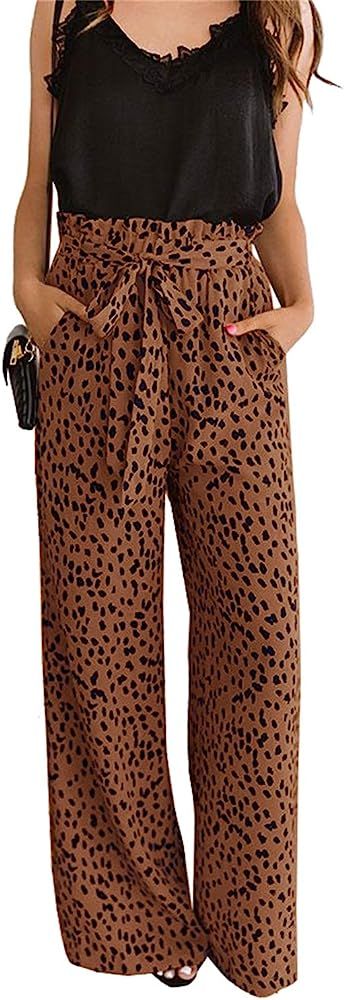 Womens Leopard Print Wide Leg Pants High Waisted Casual Loose Fit Drawstring Palazzo Trousers | Amazon (US)