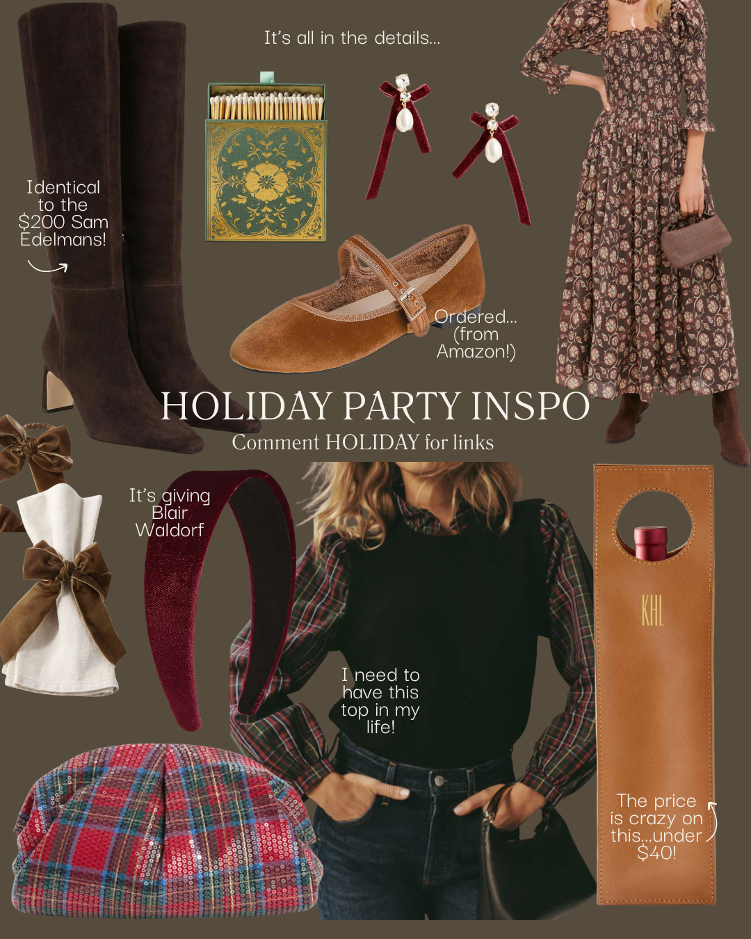 Holiday party inspiration, velvet accessories, party accessories, holiday party, bow accessories, host gifts, wine bag, christmas party, peasant dress, winter maxi dress, tartan bag, sequined tartan bag, napkin rings, Mary janes, velvet Maryjanes, chocolate boots, suede boots 

 

#LTKCyberWeek #LTKGiftGuide #LTKHoliday