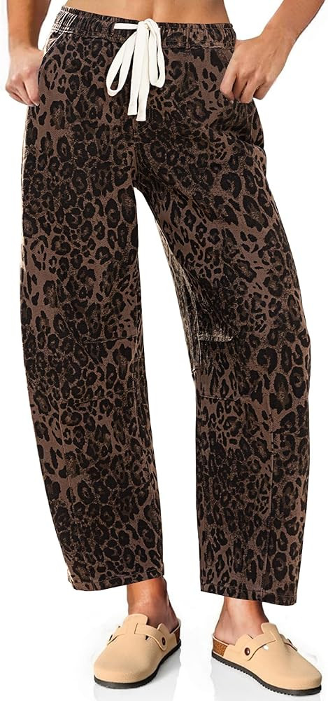 Vetinee Barrel Jeans Women Trendy Wide Leg Leopard Cheetah Pants High Waisted Pull On Drawstring ... | Amazon (US)