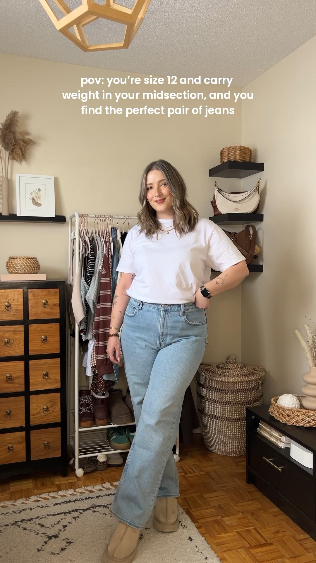 My all time fave jeans! Wearing 32, I probably could do a 31, but I prefer a looser fit! I’m 5’8 with shorter legs and a long torso, so I get regular length. They are comfy, flattering, and have the perfect amount of stretch! This white cotton tee is not see through and the high neck makes it perfect for layering, wearing my usual size L. Ugg tazz fit TTS, wearing 10

#LTKjeans #LTKmidsize #LTKsale