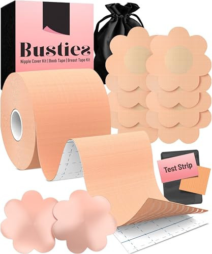 Busties Boob Tape Kit (12 pcs), Easy to Use (Universal Fit), 1 Pack Boobytape for Breast Lift, Bob Tape for Large Breasts, Bra Nipple Tape with Petals and Covers, Breast Tape for Women Nude | Amazon (US)
