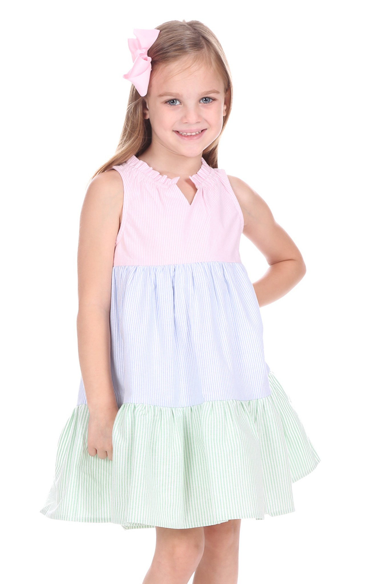 Girls Annika Dress in Pink, Sky & Green Oxford | Duffield Lane