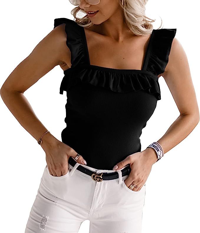 Womens Cute Sleeveless Tank Tops Ruffle Strap Square Neck Blouse Solid Color Knitted Camisole | Amazon (US)