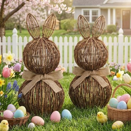 20 Inch Set of 2 Easter Rattan Bunny Decor Outdoor, Large Bunny Topiary with Beige Bow Woven Rabb... | Amazon (US)