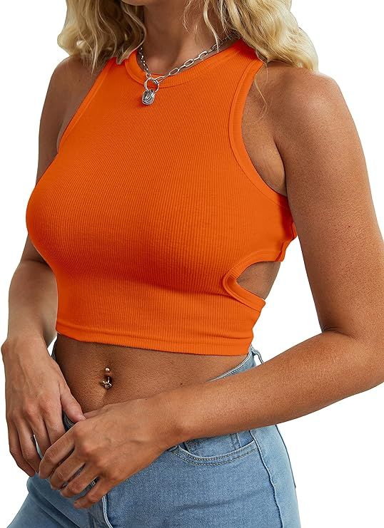 Abardsion Women's Ribbed Crop Tank Top Sleeveless Crew Neck Racerback Cut Out Backless Halter Top... | Amazon (US)
