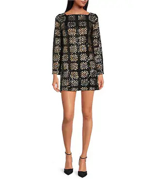 Twiggy Straight Neck Long Sleeve Check Sequin Mini Dress | Dillard's
