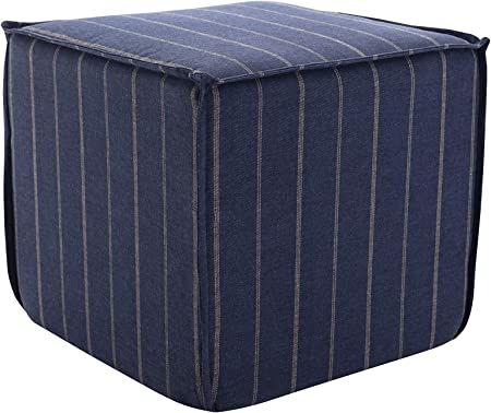 Wovenbyrd 19-Inch Wide Square Pouf Ottoman Footstool with Accent Piping, Blue Micro Stripe Fabric | Amazon (US)