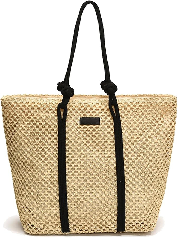 Peicees Large Straw Tote Bag For Beach Vacation 2025 Womens Sandproof Shoulder Bag Purse With Lea... | Amazon (US)