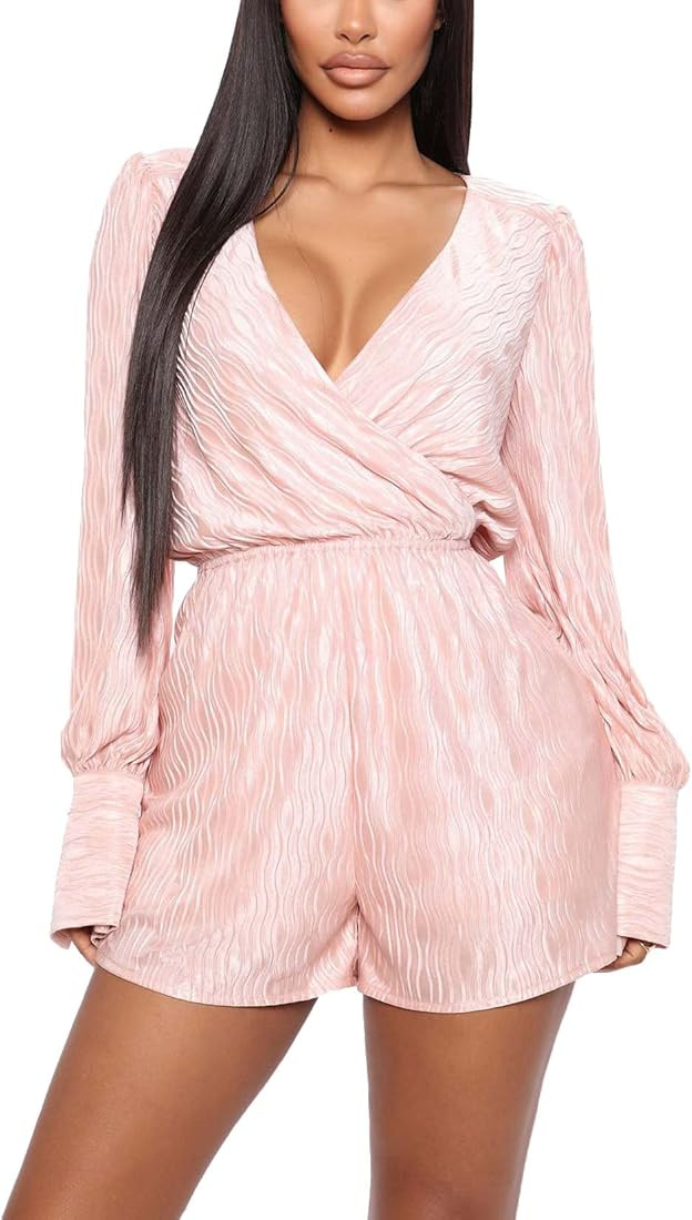 Remelon Women's Casual Long Sleeve Rompers Solid V Neck Wrap Pleated High Waist Short Jumpsuits S... | Amazon (US)