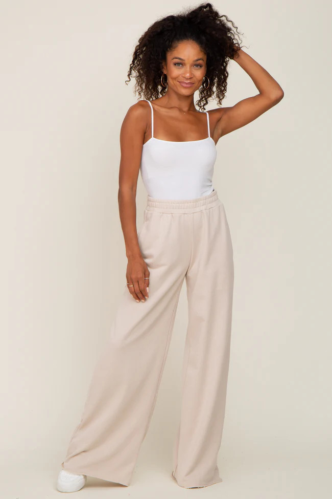 Beige Wide Leg Fray Hem Sweatpants | PinkBlush Maternity