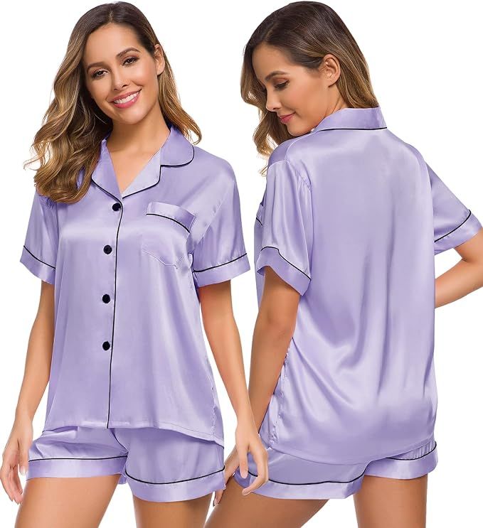 SWOMOG Womens Silk Satin Pajamas Set Two-piece Pj Sets Sleepwear Loungewear Button-Down Pj Sets | Amazon (US)