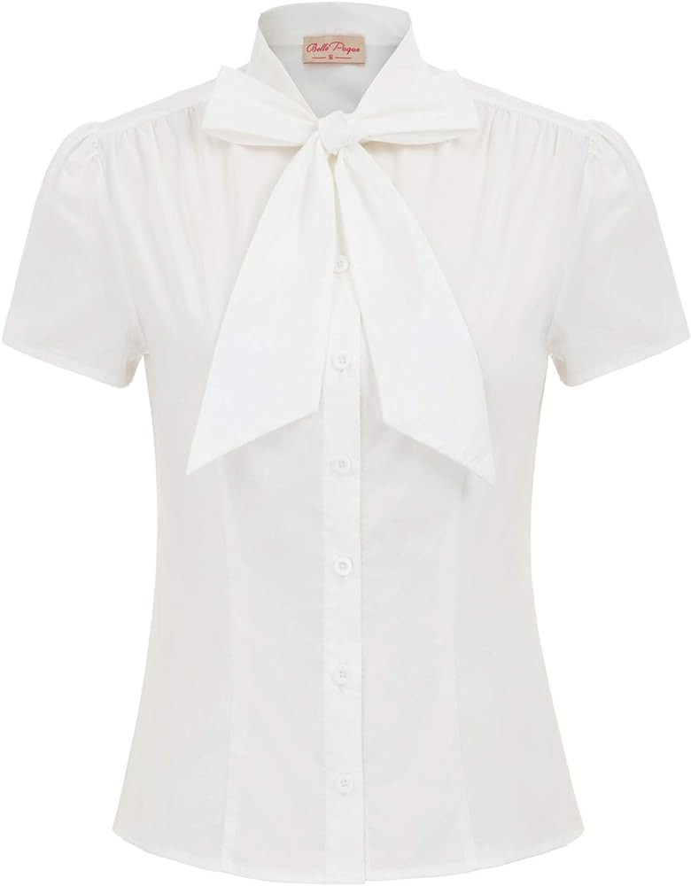 Belle Poque Summer Short Sleeve Office Button Down Blouse Stripe Shirt Tops with Bow Tie BP573 | Amazon (US)