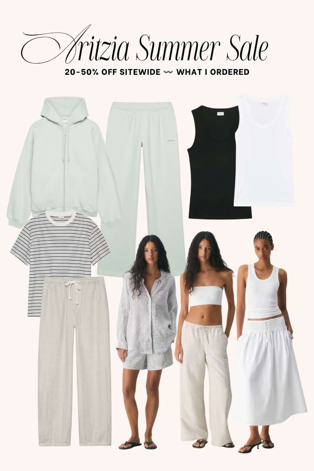 Aritzia summer finds from the Aritzia Clientele Sale I added to cart. Everything is 20-50% off. 

For pre-pregnancy sizing, I do a M in everything *except* for the busy tank, which I take a L (recommend sizing up 1!) Sized up to L in all pants for pregnancy!

#LTKSaleAlert #LTKSeasonal