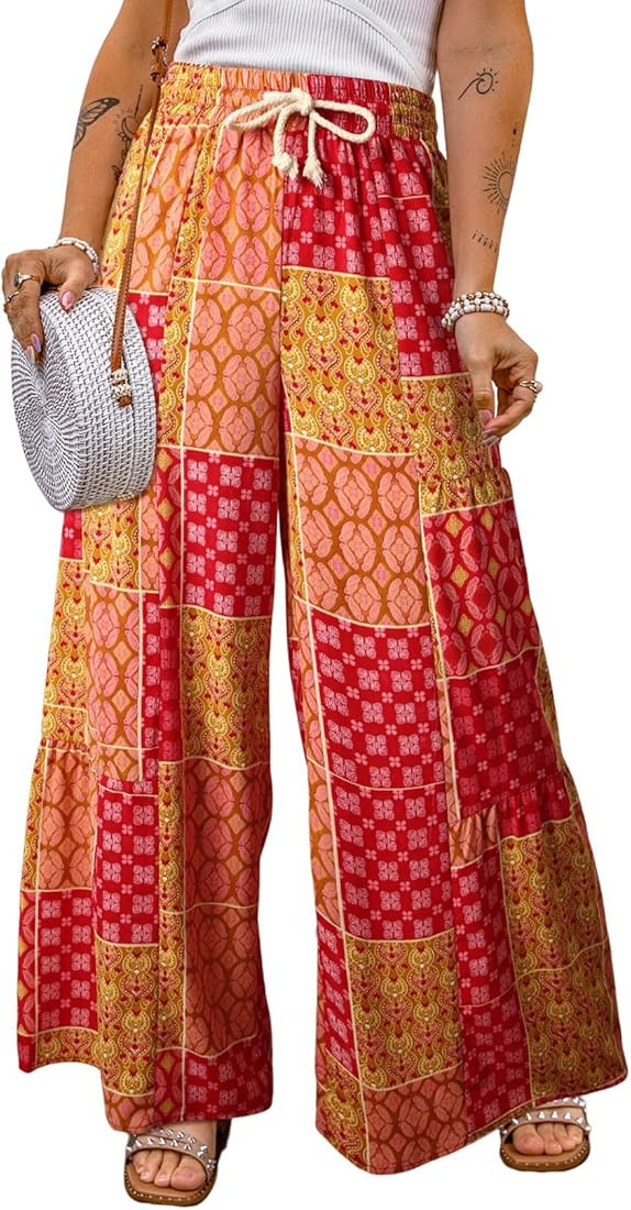 Happy Sailed Womens Boho Print Palazzo Pants Elastic High Waist Drawstring Wide Leg Hippie Flowy ... | Amazon (US)