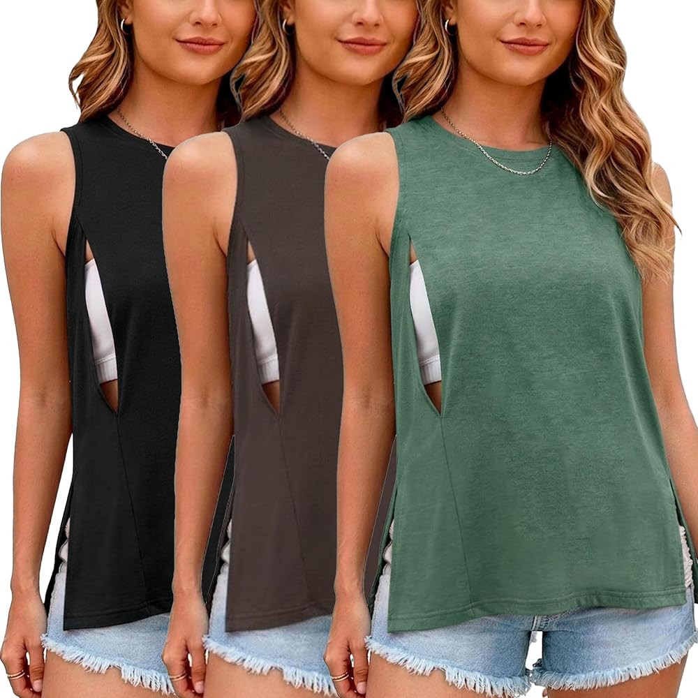 Ecavus Women's 3-Pack Nursing Tank Tops Hidden Zippers Sleeveless Breastfeeding Shirts Loose Fit ... | Amazon (US)