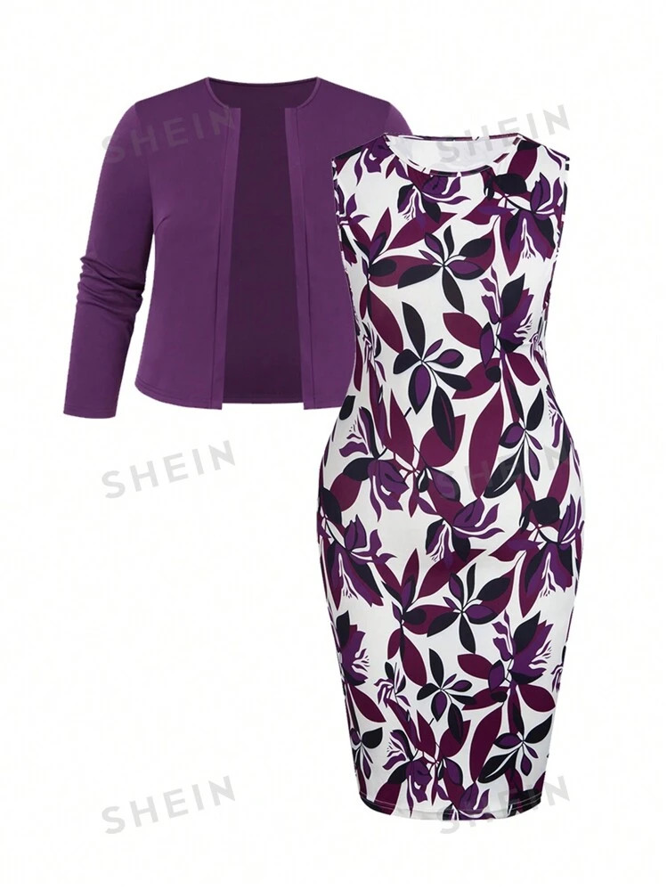 SHEIN Clasi 2pcs Plus Size Solid Color Long Sleeve Jacket And Floral Print Round Neck Sleeveless ... | SHEIN