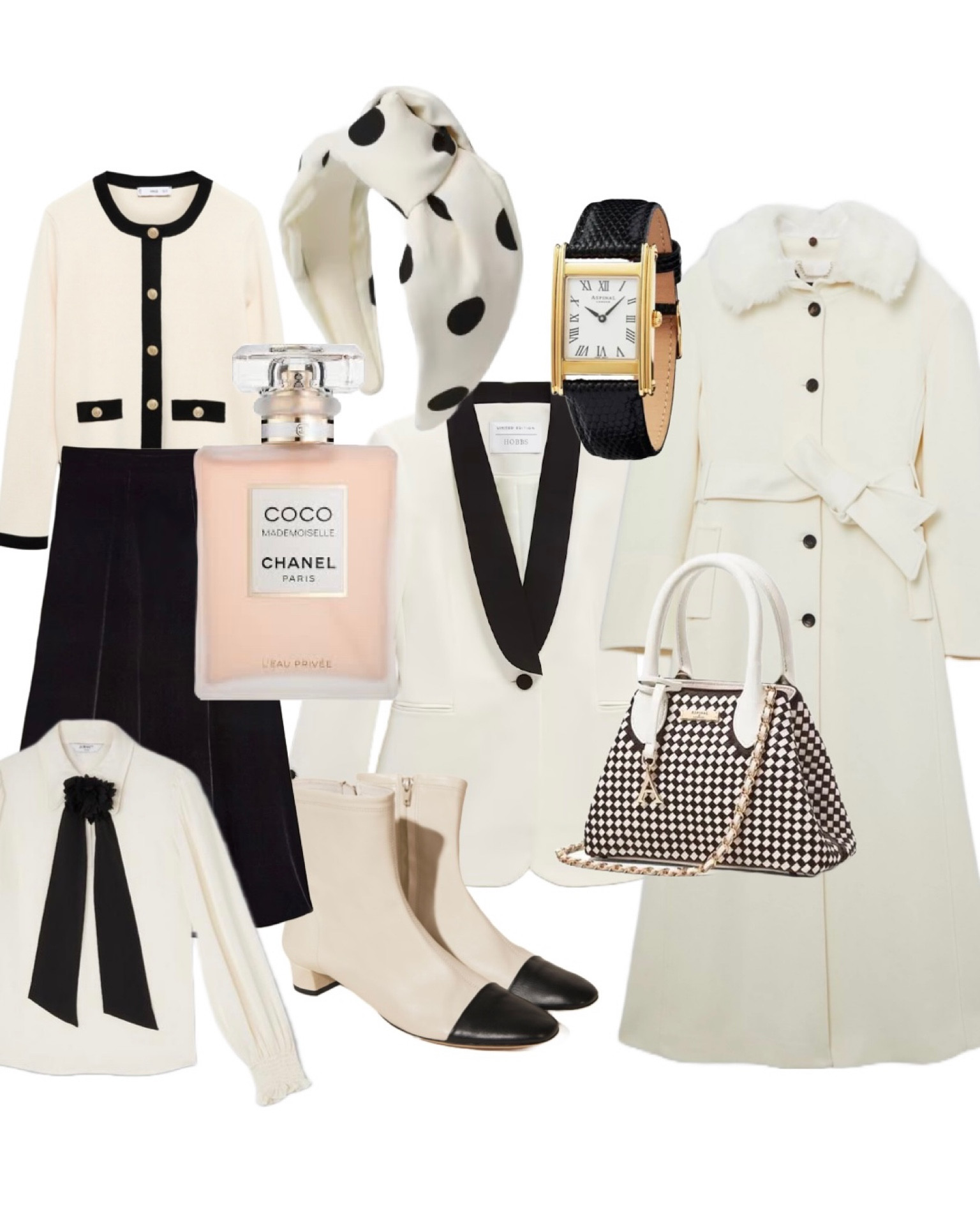 Monochrome Winter Wonderland! Don’t miss these beautiful AW24 pieces, most of which you can catch on Black Friday promotion! From a beautiful faux fur maxi coat from Karen Millen, black tipped ivory tuxedo jacket and black velvet skirt from Hobbs London, contrast ivory black cardigan from Mango, Ivory blouse with black corsage from LK Bennett, ivory black toe ankle boots by Rixo, a polka dot headband by Marks and Spencer, Paris monochrome bag and black leather Mayfair watch from Aspinal of London. Chanel perfume is essential of course! 

#LTKeurope #LTKuk #LTKCyberWeek