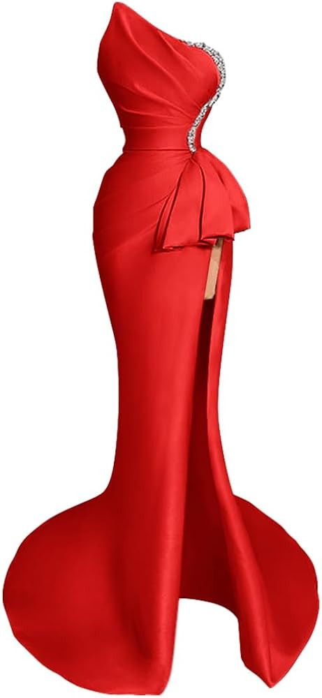 Strapless Evening Gowns 2024 Beaded Satin Ruched Mermaid High Slit Long Prom Dresses for Women | Amazon (US)