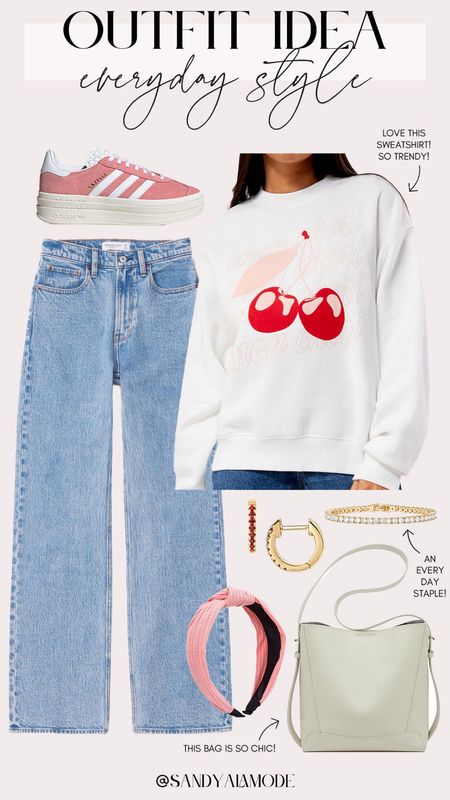 Casual cute outfit idea | casual style | trendy style | cherry graphic sweatshirt | Abercrombie jeans | pink platform adidas sneakers | Amazon accessories | casual ootd 

#LTKfindsunder100 #LTKstyletip #LTKSeasonal