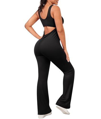 LILBETTER Women's Black Large Jumpsuit for Workout, Yoga, Everyday - Sexy Open Back Flared Jumpsuit with V Back Scrunch Design | Amazon (US)