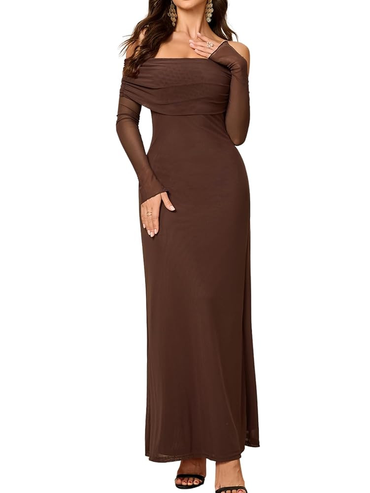 Colysmo Women Long Sleeve Mesh Off Shoulder Bodycon Maxi Dress Formal Wedding Guest Fall Dresses ... | Amazon (US)