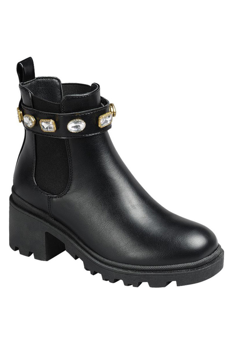 Rhinestone Ankle Chelsea Boots with Lug Sole Chunky Heel-Black | Fashion Junkee