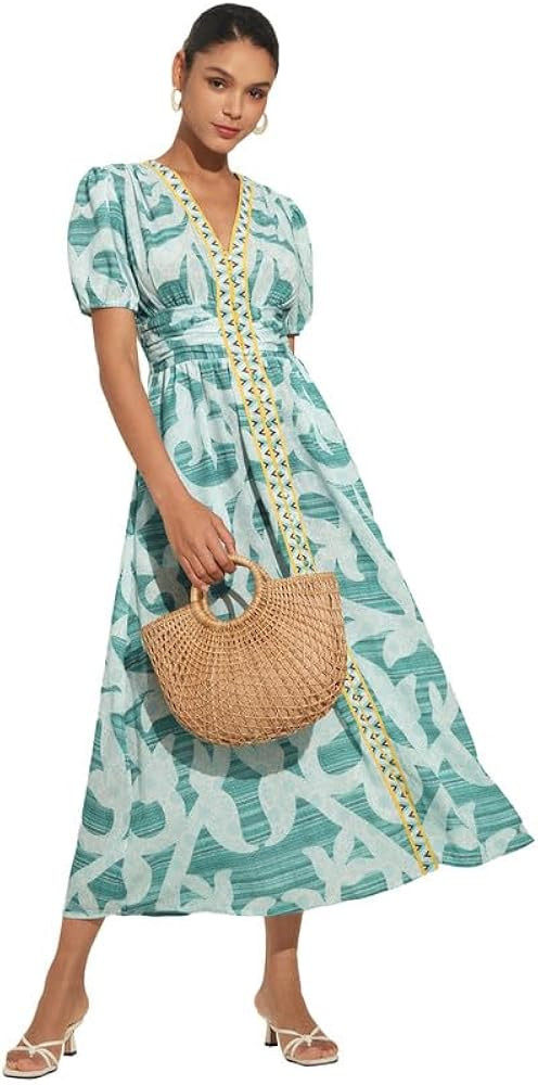 ADOR Womens Boho Maxi Dress Puff Short Sleeve V Neck Smocked Empire Waist Casual Floral Summer Be... | Amazon (US)