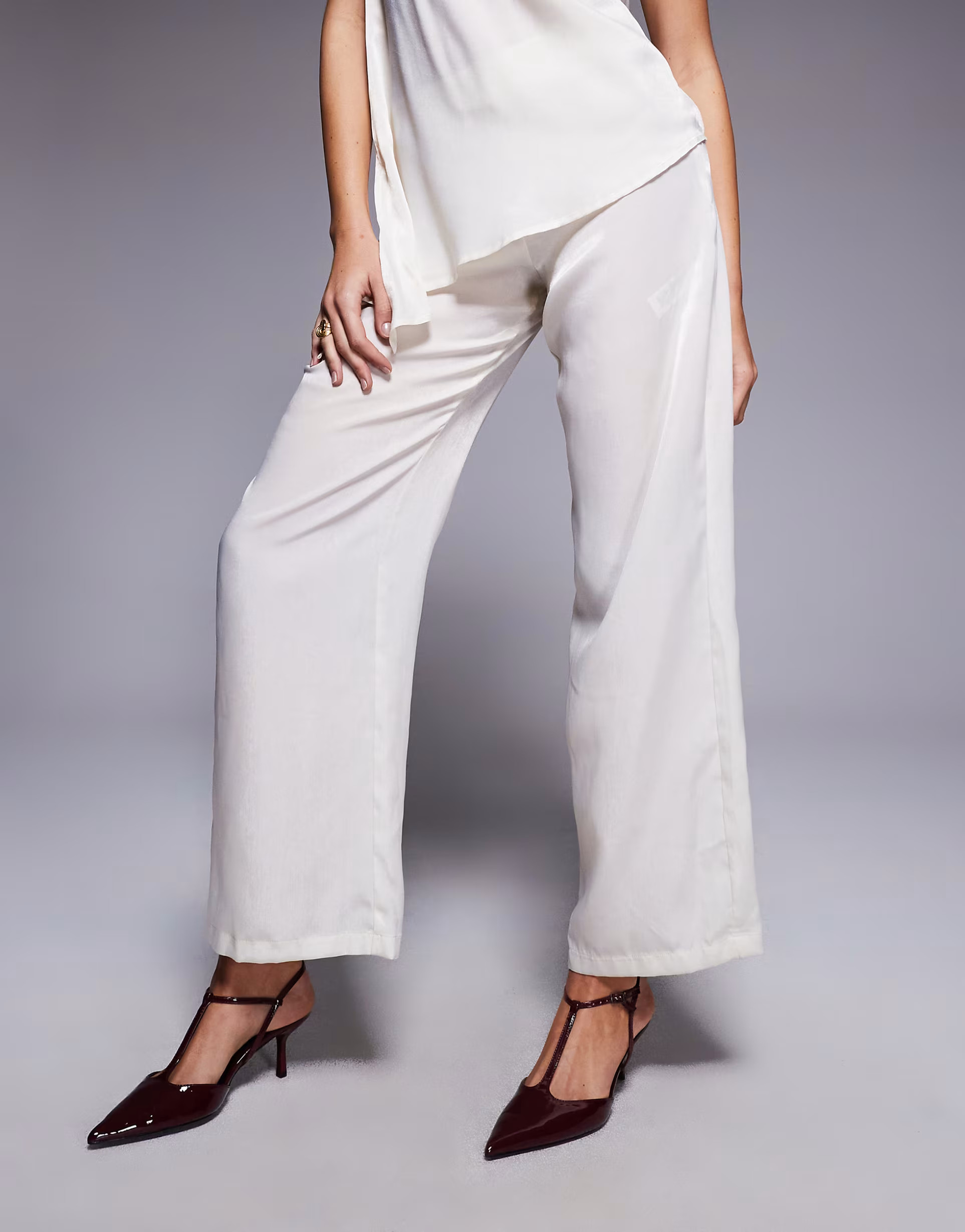 ASOS DESIGN satin straight leg co-ord trouser in cream | ASOS (Global)