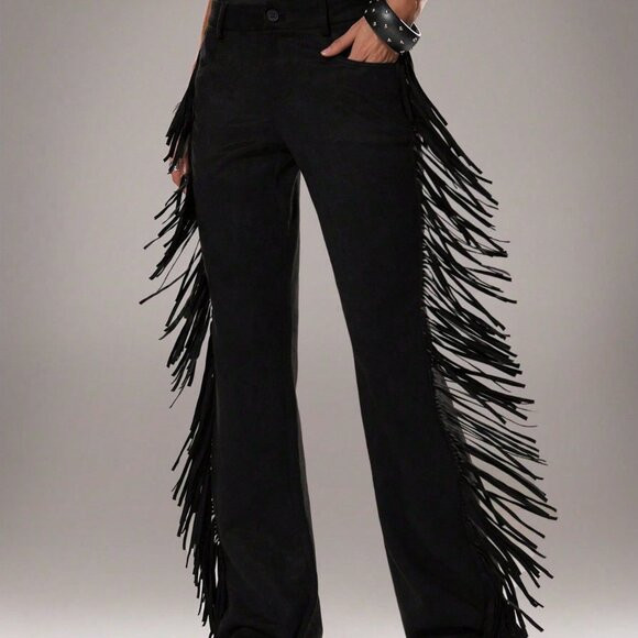 Black Women's Casual Flared Leg Faux Suede Fringe Side Pants | Poshmark