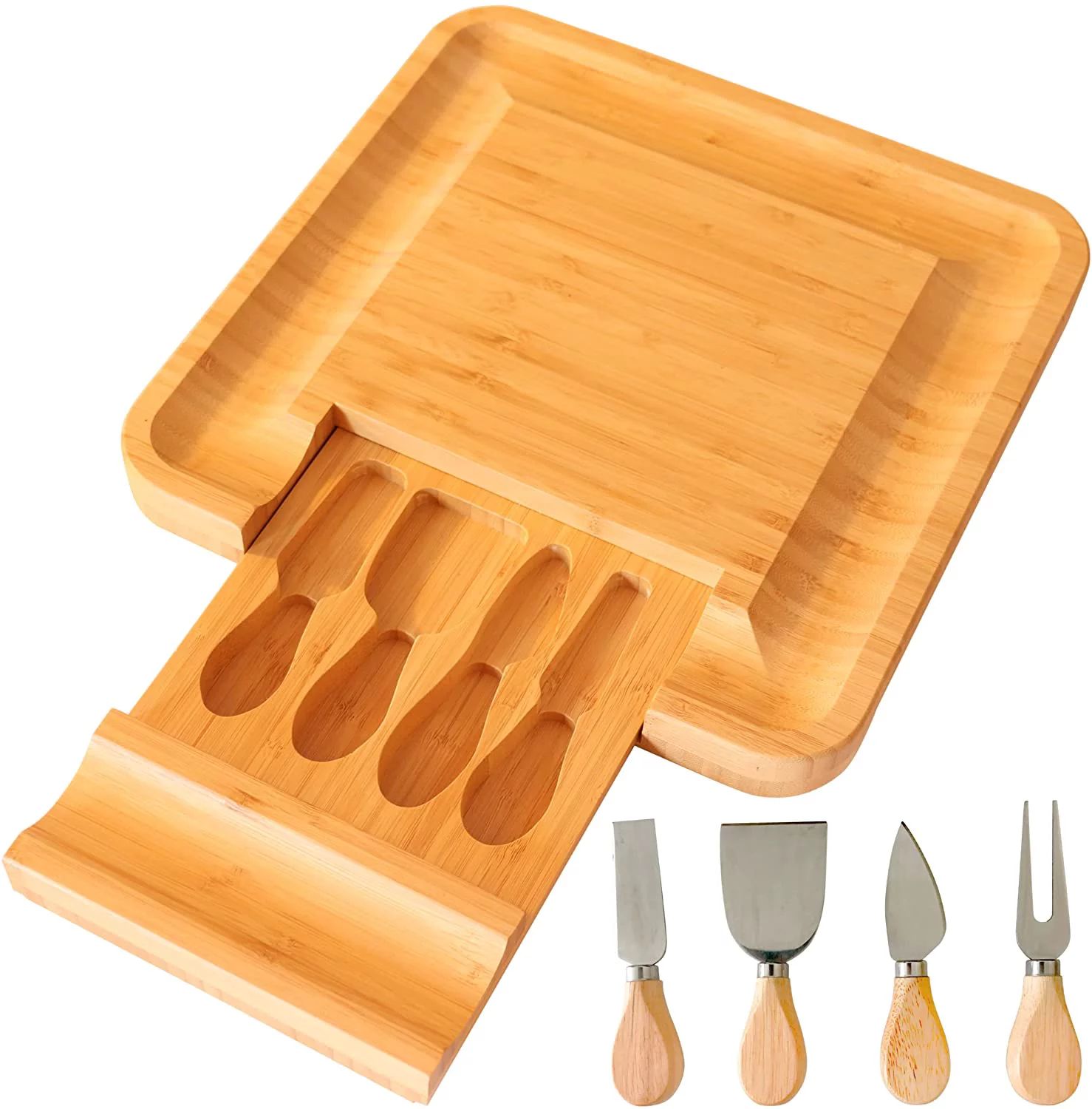 Organic Bamboo Cheese Charcuterie Cutting Boards with Cutlery & Knife Set, Includes 4 Stainless S... | Walmart (US)