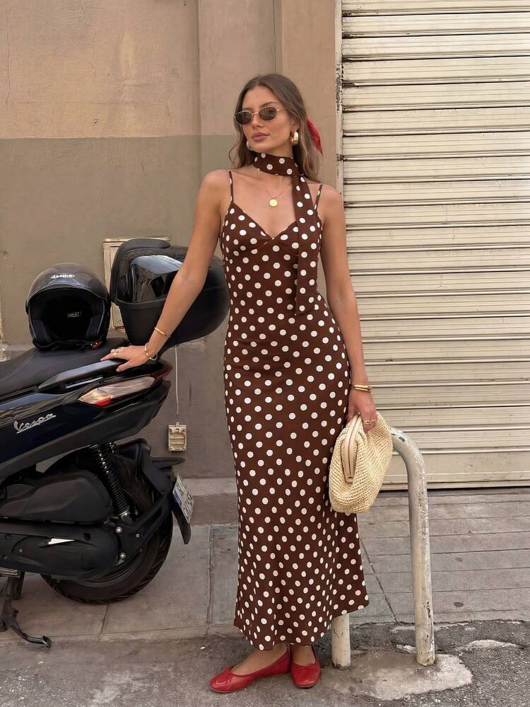 Pariaura 2026 New Arrival Women's Brown Polka Dot Long Dress, Sleeveless Cami Style With Scarf Collar, V Neck Zipper Closure, Casual Commute Minimalist Holiday Loose Midi Maxi Dresses For Ladies Retro Dresses For Woman Picnic Dresses For Women Dresses For Woman New Arrival Women Dress Polka Dot Dresses For Woman | SHEIN