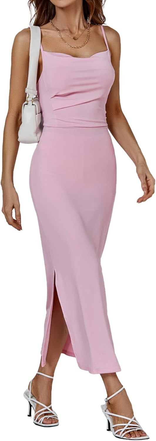 LYANER Women's Spaghetti Straps Split Slit Sleeveless V Neck Zipper Bodycon Party Midi Dress | Amazon (US)