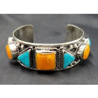 Gorgeous Antique Silver Bangle Bracelet With Natural Turquoise & Yellow Stone | Etsy (US)