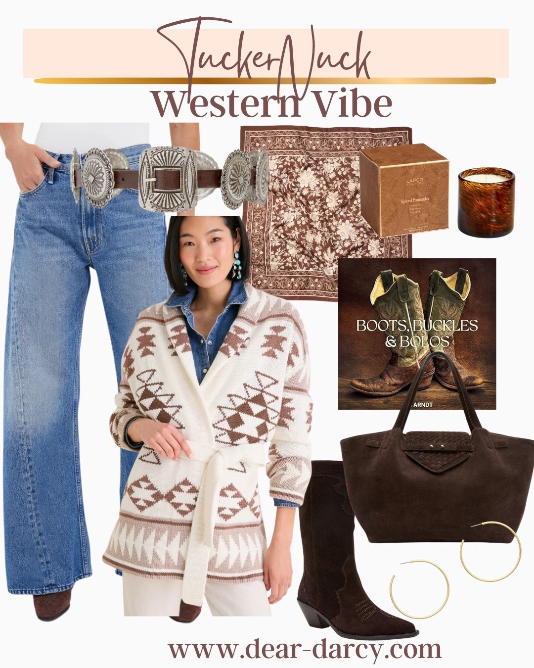 Turckernuck
Western Style 

A few of my favorite thing & a few I already own

Mother Lemon twist denim jeans 
Tts I own and is a favorite pair so flattering 

Western sweater with tie very Ralph Loren knit sweater
Tts 
Great layering pieces
(I have the  old brown version with cream fits tts )

Leather and silver conch belt (I have this stunning belt and adore its classic western vibe!
Mine is over 35 years old
Ralph Loren tts comes in black and brown

Suede cowboy boots tts

Suede exclusive Tuckernuck bag/tote under $300

Tuckernuck exclusive gold hoops under $50

Great western boots and belts coffee table book.

A fun brown and cream scarf
Perfect for neck, waist or tie in hair of bag 

One of my favorite candle brands❤️ makes a great quality gift with the splurge 



#LTKootd #LTKOver40 #LTKgrwm