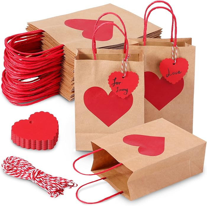 Hillban 24 Pcs Valentine Gift Bags with Tags 3 x 6 x 8 Inch Red Pink Heart Candy Goodie Favor Pap... | Amazon (US)