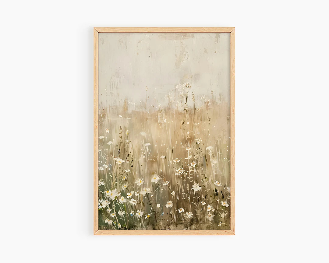 Printable Wildflower Field Landscape Vintage Painting, Neutral Spring Farmhouse Print, Neutral Wa... | Etsy (US)