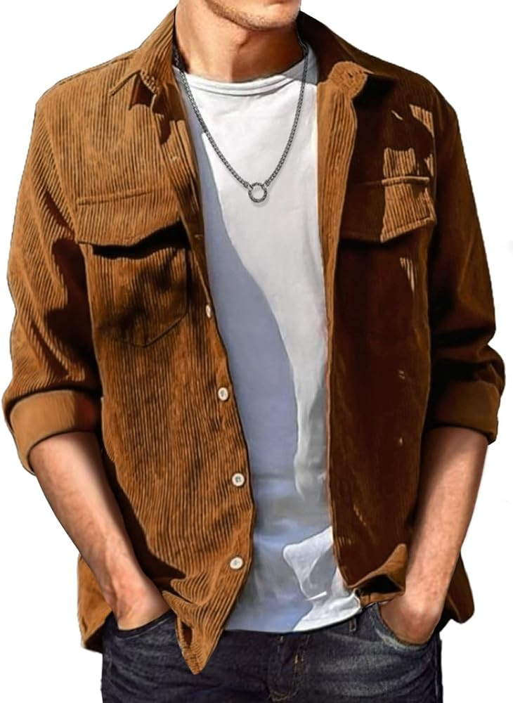 JMIERR Men's Corduroy Button Down Shirts Casual Long Sleeve Shacket Jacket with Flap Pockets | Amazon (US)