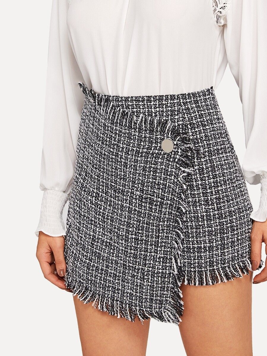 Asymmetric Wrap Frayed Tweed Skirt | SHEIN