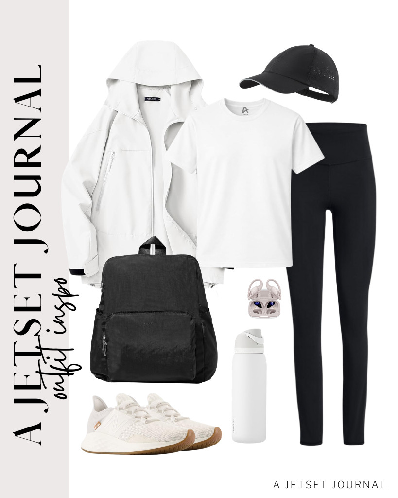 Begin with a simple white t-shirt paired with buttery-soft leggings. Layer a white hooded rain jacket over the outfit and wear New Balance running shoes. I also love adding a water-repellent hat and using a black Baggallini backpack that complements the look. 

 #LTKSeasonal #LTKSaleAlert #LTKTravel