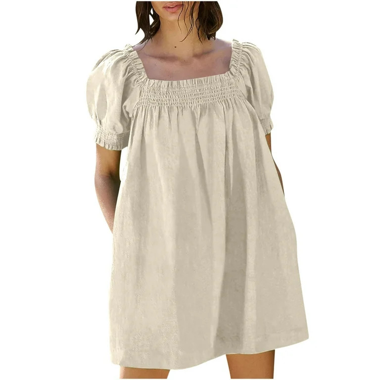 Mrat Womens Mini Dress A-Line Beach Dress Casual Loose Sundress with Pockets Pleated Short Sleeve... | Walmart (US)