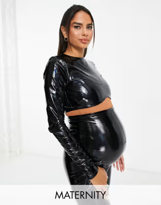 Naked Wardrobe Maternity vinyl underbust crop top in black | ASOS (Global)