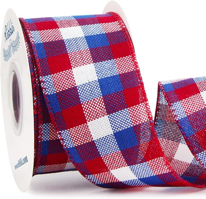 Ribbli Patriotic Red/White/Blue Check Wired Ribbon, 2-1/2 Inch x 10 Yard,4th of July Buffalo Plai... | Amazon (US)