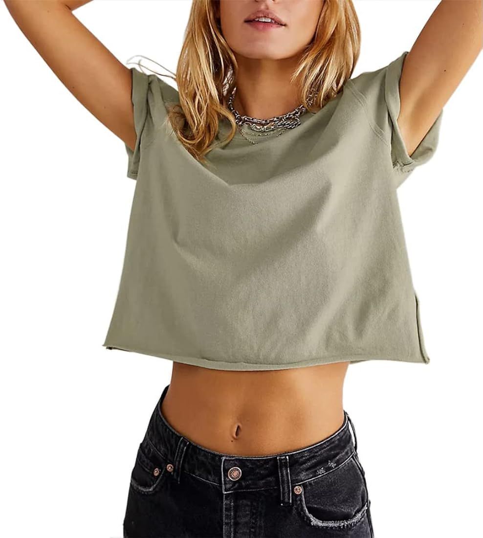 Carpetcom Women's Summer Casual Loose Fit Plain Soild Basic Short Sleeve Crop Tops T-Shirts | Amazon (US)